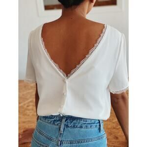 Berthie Bybel Blouse Short Sleeve Deep V Back  - S - White